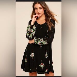 Free People Oxford Embroidered Mini Dress Black Floral Festival XS (Oversized)